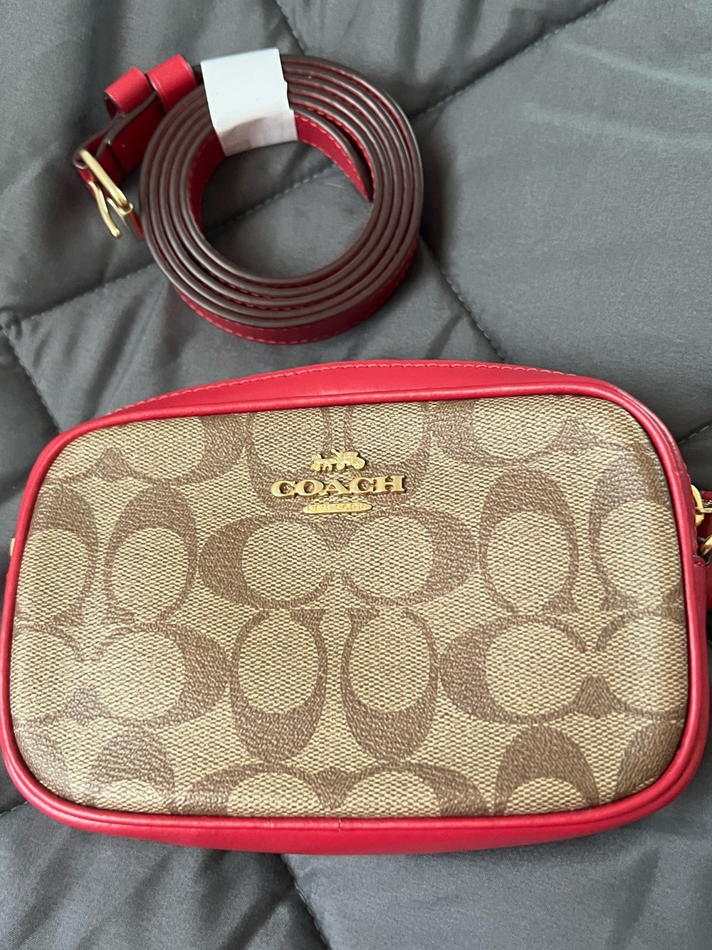 Coach Brown Signature Canvas Crossbody/Beltbag with Brown/Red Trim